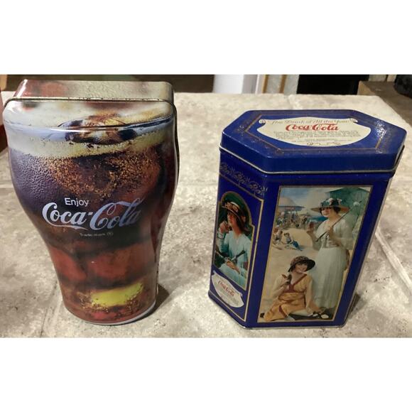 Coca Cola Empty Tins ~ The Drink Of All The Year & 1998 Coke Glass Shaped Tin - Picture 6 of 8